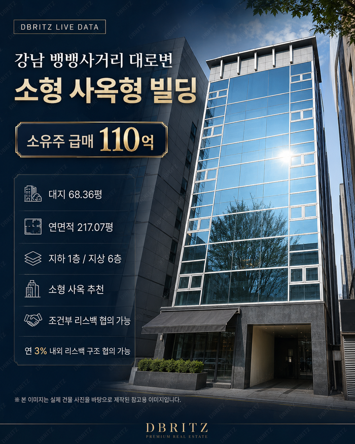 강남 뱅뱅사거리 대로변, 110억 소형 사옥형 빌딩 / 조건부 연 3% 리스백 협의 가능